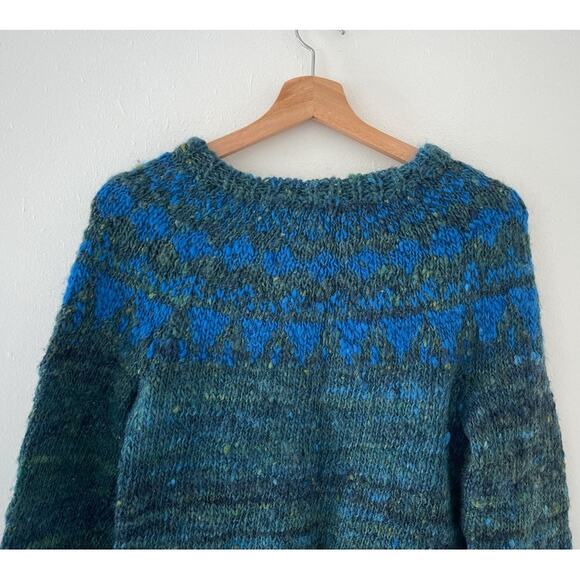 Vtg 80's Handknit Aquamarine Spaceknit Chunky Pullover Sweater Cozy Grunge - Picture 5 of 10